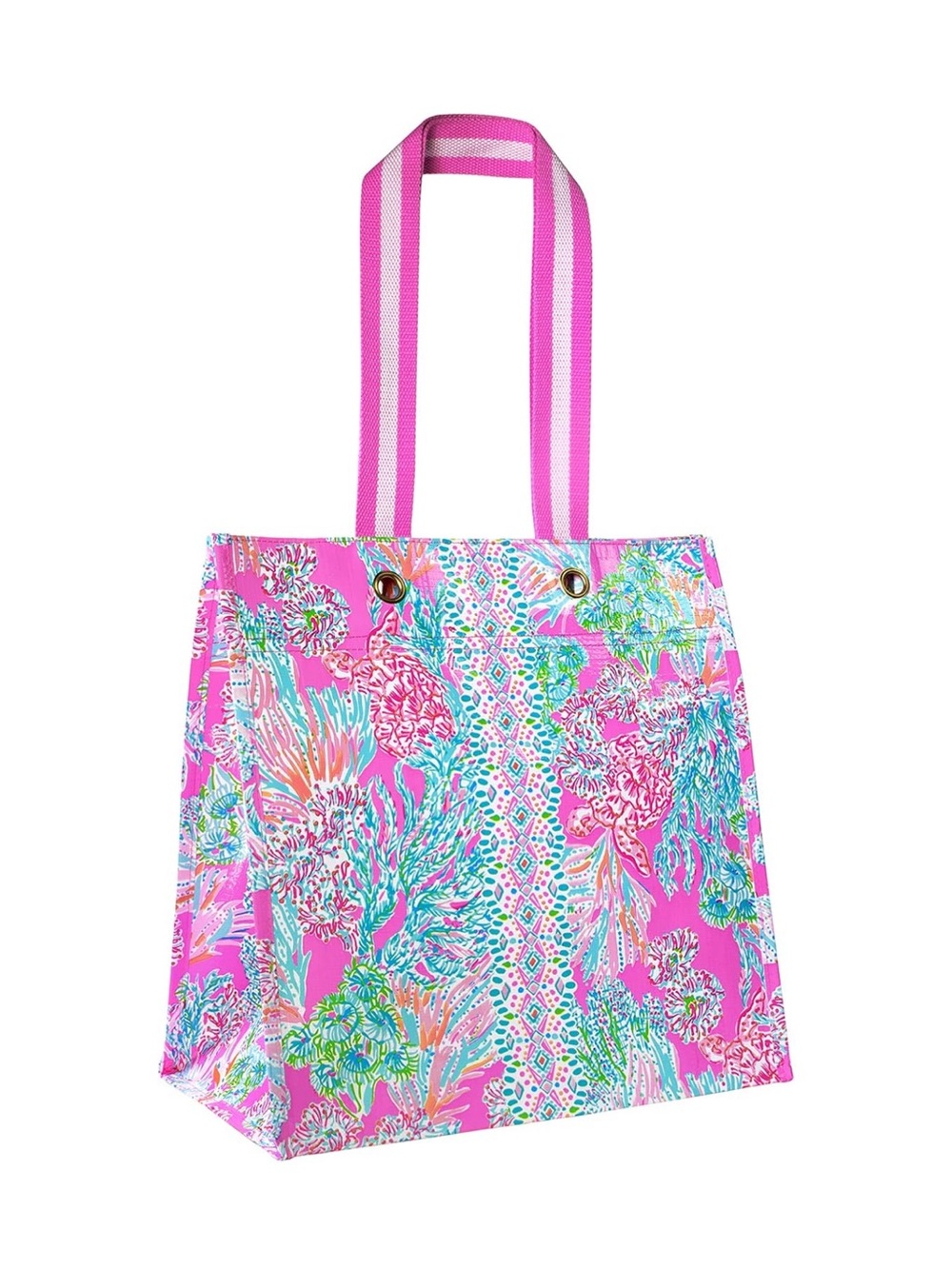 Lilly Pulitzer Pink Floral Canvas Tote with Striped Handles, Shopping Tote - New
